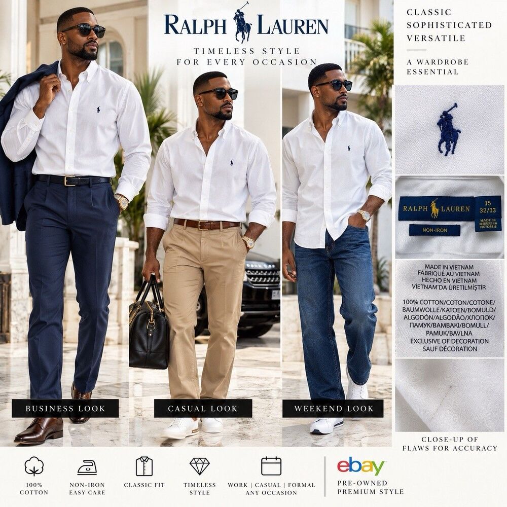 Ralph Lauren Classic Fit White Non Iron Button Dow Shirt Mens 15 32/33 Pony Logo